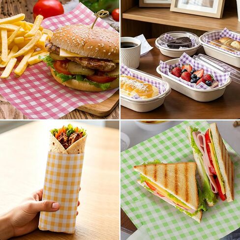 200 Pcs Waxed Deli Paper Sheets 7 x 7 Inch, Food Grade Greaseproof Sandwich Wrapping Paper, Colorful Gingham Basket Liners for Baking, Burger, Food Trays, Kitchen Picnic Party Supplies in Kuwait