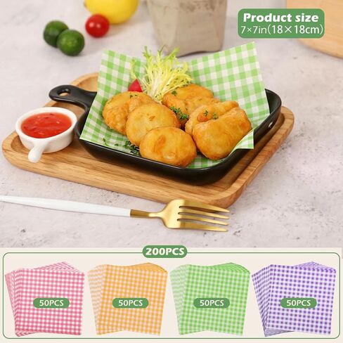 200 Pcs Waxed Deli Paper Sheets 7 x 7 Inch, Food Grade Greaseproof Sandwich Wrapping Paper, Colorful Gingham Basket Liners for Baking, Burger, Food Trays, Kitchen Picnic Party Supplies in Kuwait