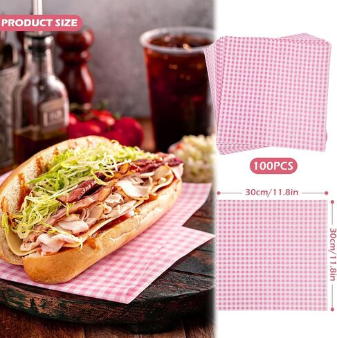 100 Pcs Waxed Deli Paper Sheets 12 x 12 Inch, Food Grade Greaseproof Sandwich Wrapping Paper, Gingham Basket Liners for Baking, Burger, Food Trays, Kitchen Picnic Party Supplies(Pink) in Kuwait