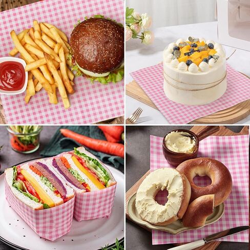 100 Pcs Waxed Deli Paper Sheets 12 x 12 Inch, Food Grade Greaseproof Sandwich Wrapping Paper, Gingham Basket Liners for Baking, Burger, Food Trays, Kitchen Picnic Party Supplies(Pink) in Kuwait