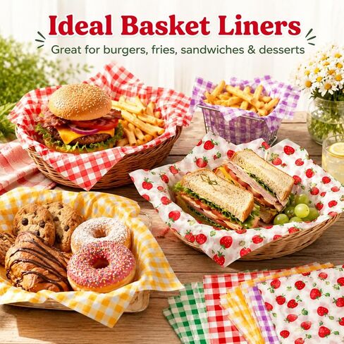 100Pcs Wax Paper Sheets, 7x7 Inch Strawberry& Plaid Patterned Dry Waxed Deli Paper, Basket Liner, for Carnival, Mother's Day, Picnic, Tea Party & Home Kitchen Use in Kuwait