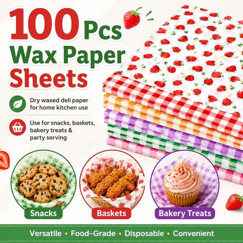 100Pcs Wax Paper Sheets, 7x7 Inch Strawberry& Plaid Patterned Dry Waxed Deli Paper, Basket Liner, for Carnival, Mother's Day, Picnic, Tea Party & Home Kitchen Use in Kuwait