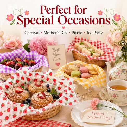 100Pcs Wax Paper Sheets, 7x7 Inch Strawberry& Plaid Patterned Dry Waxed Deli Paper, Basket Liner, for Carnival, Mother's Day, Picnic, Tea Party & Home Kitchen Use in Kuwait