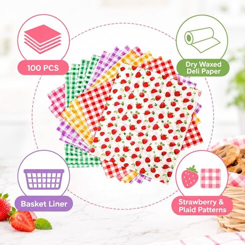 100Pcs Wax Paper Sheets, 7x7 Inch Strawberry& Plaid Patterned Dry Waxed Deli Paper, Basket Liner, for Carnival, Mother's Day, Picnic, Tea Party & Home Kitchen Use in Kuwait