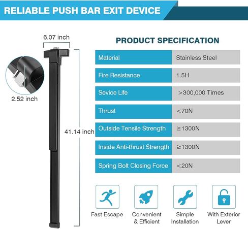 IRONWALLS 41" Commercial Door Push Bar Panic Exit Device with Door Lever & 27.5" Panic Bar Door Lock with Door Handle, Heavy Duty Stainless Steel Emergency Door Panic Hardware, Black in Kuwait