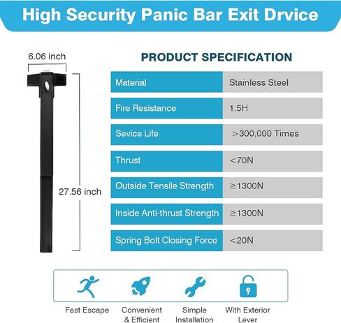 IRONWALLS 41" Commercial Door Push Bar Panic Exit Device with Door Lever & 27.5" Panic Bar Door Lock with Door Handle, Heavy Duty Stainless Steel Emergency Door Panic Hardware, Black in Kuwait