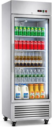 25 Cu.Ft Commercial Beverage Refrigerator with Glass Door, Stainless Steel Single Door Display Fridge, Lockable Upright Merchandiser Cooler with LED Light, Adjustable Shelves for Business in Kuwait