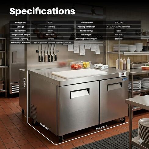 48" W Commercial Refrigerators for Restaurant Bar Shops, Undercounter Refrigerators with 14.1 Cu. Ft Capacity, Auto Defrost, Stainless Steel, Digital Temp Control, Low Noise in Kuwait