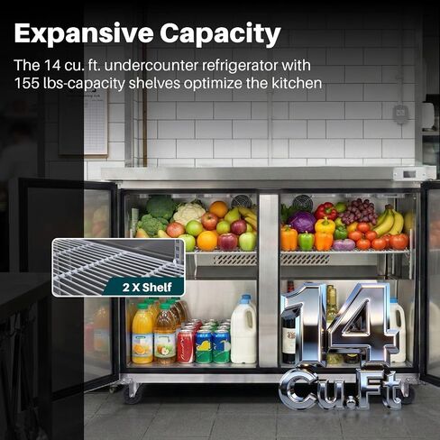 48" W Commercial Refrigerators for Restaurant Bar Shops, Undercounter Refrigerators with 14.1 Cu. Ft Capacity, Auto Defrost, Stainless Steel, Digital Temp Control, Low Noise in Kuwait