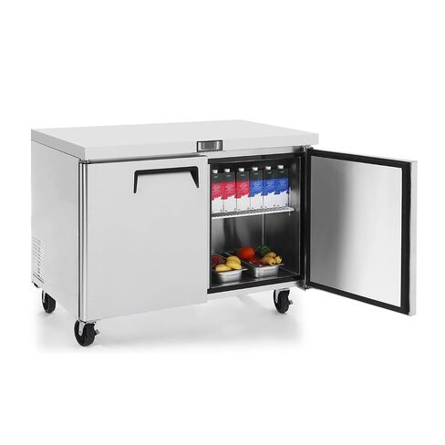 Atosa MGF8403GR 60" Undercounter Worktop Food Prep Refrigerator for Restaurant Hotel Bar | 2 Solid Swing Door, 2 Epoxy Coated Shelves, 4 Pre-Installed Casters | 17.2 Cu. Ft | Stainless Steel, 115v in Kuwait