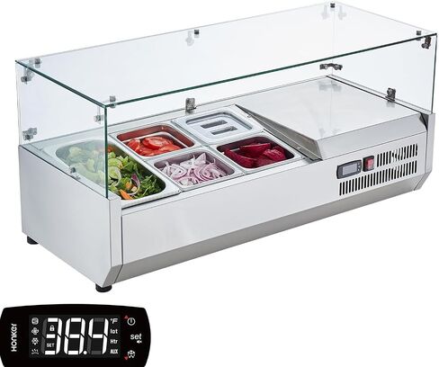 Refrigerated Condiment Prep Station – 130W Countertop Commercial Condiment Cooler with 1/3 & 1/6 Pans, 304 Stainless Steel Body, PC Lids, Glass Guard – ETL Certified – Silver in Kuwait