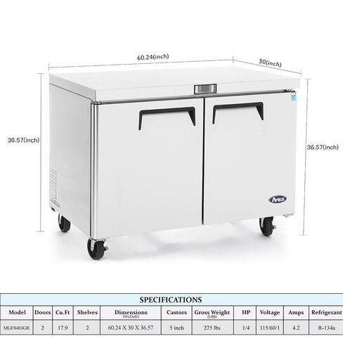 Atosa MGF8403GR 60" Undercounter Worktop Food Prep Refrigerator for Restaurant Hotel Bar | 2 Solid Swing Door, 2 Epoxy Coated Shelves, 4 Pre-Installed Casters | 17.2 Cu. Ft | Stainless Steel, 115v in Kuwait