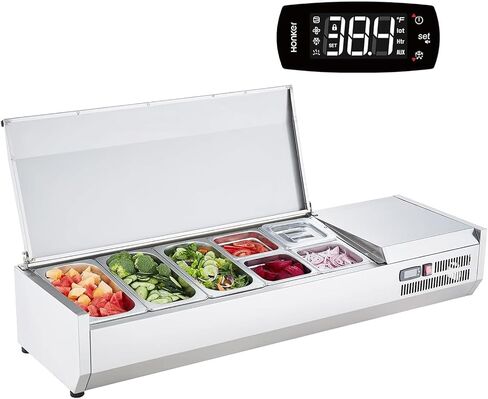 Refrigerated Condiment Prep Station – 130W Countertop Commercial Condiment Cooler with 1/3 & 1/6 Pans, 304 Stainless Steel Body, PC Lids, Glass Guard – ETL Certified – Silver in Saudi Arabia