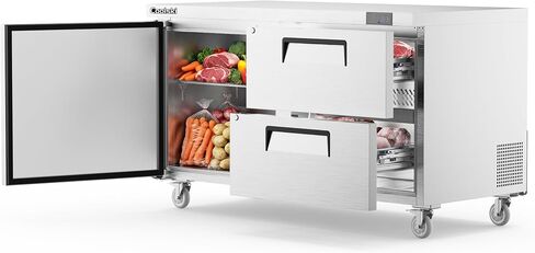 Coolski 27"W Commercial Undercounter Refrigerator with Drawers, 5.2 Cu.ft. Freestanding Stainless Steel with 6 Pans, 2 Drawers Under Counter Worktop Fridge for Restaurant, Bar, Shop, Kitchen Use in Kuwait