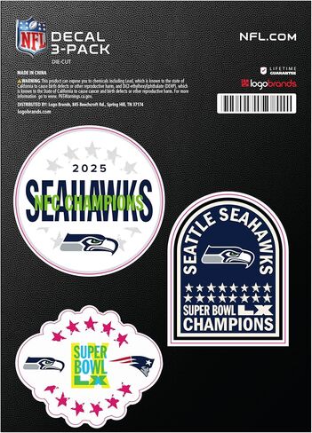 Logo Brands NFL Seattle Seahawks Super Bowl LX Champions Sticker 3-Pack - Heavy Duty Waterproof Vinyl Decals for Cars, Laptops, Coolers - Official 2026 NFL Championship Gear - UV Resistant Graphics in Kuwait