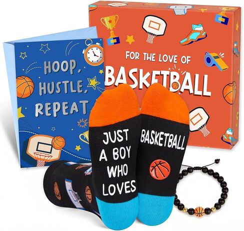 HAPPYPOP Basketball Gift Box for Boys - Funny Socks & Bracelet with Greeting Card, Cool Sports Gifts for Son, Grandson, Nephew, Ages 10-12 in Saudi Arabia