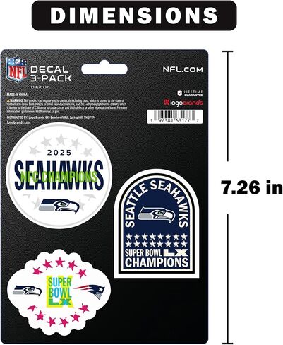 Logo Brands NFL Seattle Seahawks Super Bowl LX Champions Sticker 3-Pack - Heavy Duty Waterproof Vinyl Decals for Cars, Laptops, Coolers - Official 2026 NFL Championship Gear - UV Resistant Graphics in Kuwait