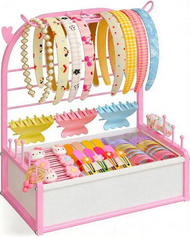 Headband Holder Organizer for Girls, White Hair Accessories Storage Stand with Adjustable Fabric Storage Box, Deer Antler Design Rack for Scrunchies, Bows, Clips & Hair Ties in Saudi Arabia