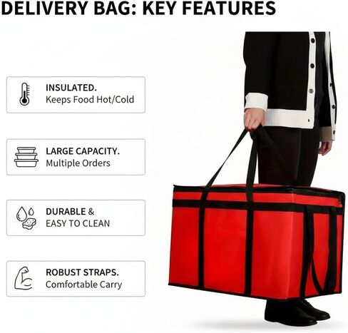 Insulated Food Delivery Bag - Thermal Carrier for Doordash Catering - Extra Spacious, Sturdy, Maintains Food Temperature & Freshness in Kuwait