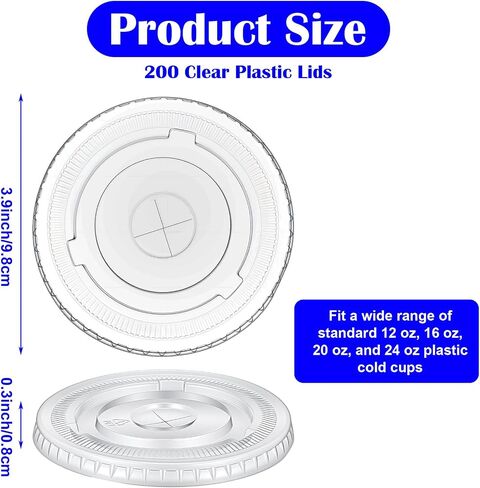 200 Clear Plastic Lids | 3.9 inch (98mm) Universal Flat Lids with Straw Slot | Fits 12, 16, 20, 24 oz Cold Drink Cups - Disposable & Leak-Resistant (PET, 200 Count) in Saudi Arabia