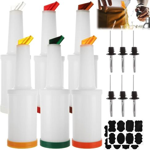 SHUESS 6 Pack Bar Juice Pour Bottles 34 oz Plastic Juices Dispensers with Stainless Bottle Pourer Tapered Spout for Bar Liquor Juicee Store (Multicolor) in Kuwait