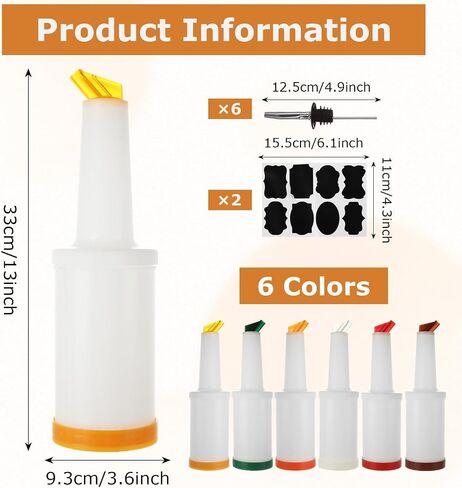 SHUESS 6 Pack Bar Juice Pour Bottles 34 oz Plastic Juices Dispensers with Stainless Bottle Pourer Tapered Spout for Bar Liquor Juicee Store (Multicolor) in Kuwait