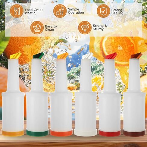SHUESS 6 Pack Bar Juice Pour Bottles 34 oz Plastic Juices Dispensers with Stainless Bottle Pourer Tapered Spout for Bar Liquor Juicee Store (Multicolor) in Kuwait