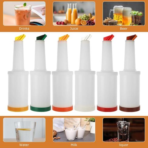 SHUESS 6 Pack Bar Juice Pour Bottles 34 oz Plastic Juices Dispensers with Stainless Bottle Pourer Tapered Spout for Bar Liquor Juicee Store (Multicolor) in Kuwait