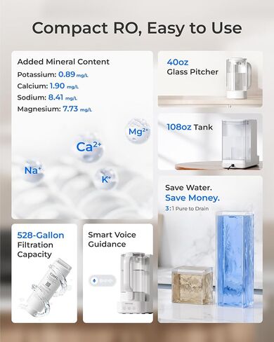 Waterdrop C2SL Mineral Reverse Osmosis Water Filter Countertop, 7-Stage RO Water Filtration System with Autofill Glass Pitcher, Compact Reverse Osmosis System, Voice Prompts, 3:1 Pure to Drain in Kuwait