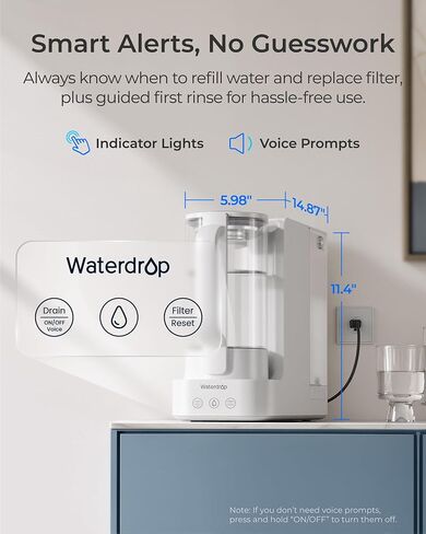 Waterdrop C2SL Mineral Reverse Osmosis Water Filter Countertop, 7-Stage RO Water Filtration System with Autofill Glass Pitcher, Compact Reverse Osmosis System, Voice Prompts, 3:1 Pure to Drain in Kuwait