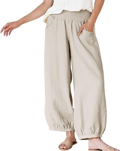 Women's Cotton Linen Casual Pants High Waist Loose Drawstring Lounge Pant Summer Boho Wide Leg Trousers with Pockets in Kuwait