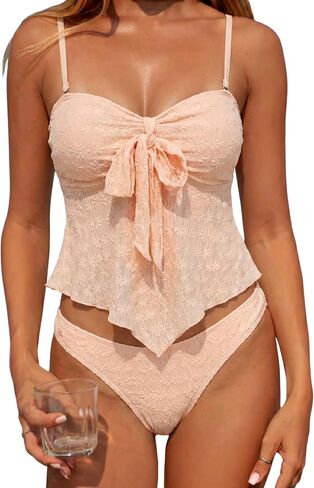 ZAFUL Tankini ملابس السباحة للنساء قطعتين من ملابس السباحة ذات الكشكشة الأمامية والدانتيل ذات القطع العالي بدون حمالات in Kuwait