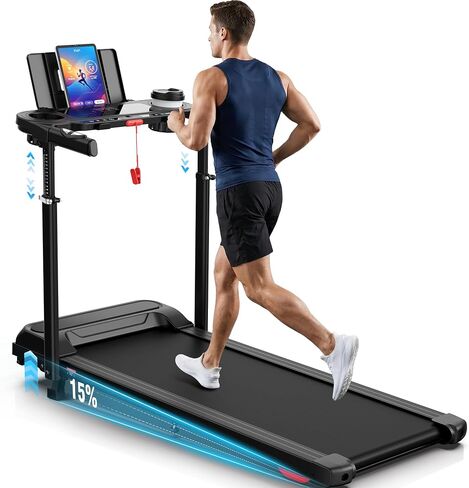 ANCHEER 15% Incline Walking Pad Treadmill with Desk Workstation & Adjustable Height, Portable Treadmills for Home 450 lbs Weight Capacity, 3.5HP Quiet Walking Pad with Desk, Installation in 4 Steps in Kuwait