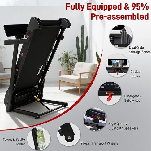 Heavy Duty Treadmill for Home, 20"x 50" Running Area, 12 MPH, Auto Incline | 500 LB Capacity, LED Display, 20-Level Auto Incline, Bluetooth Speaker, Foldable, App in Kuwait
