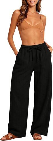 Women's Lounge Pants Summer Wide Leg Loose Slacks Drawstring High Waist Palazzo Pants Casual Trousers with Pockets in Kuwait