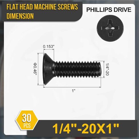 DTGN 1/4"-20x1 Flat Head Machine Screws - 30pcs - Good for Furniture and Machinery - 304 Stainless Steel Phillips Machine Screws Bolts - Black Oxide Finish in Kuwait