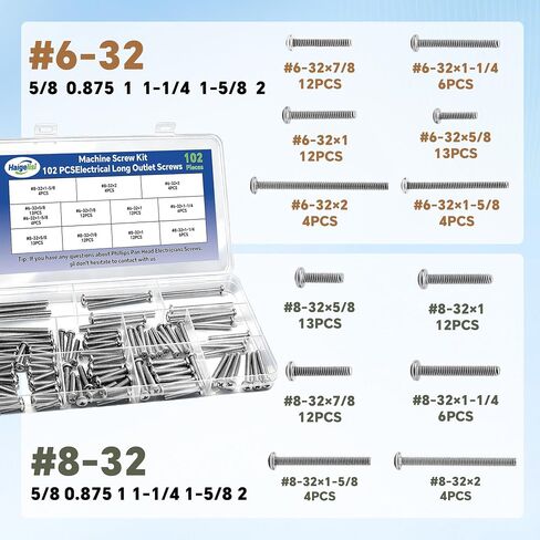 Machine Screw Kit,102PCS #6-32#8-32 Electrical Long Outlet Screws Phillips Pan Head Electricians 304 Stainless Steel Screws 5/8 to 2 inch for Electrical Wall Plate Switch, Receptacles Mounting Screw in Kuwait