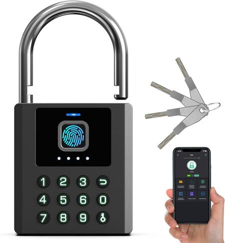 Anweller Heavy Duty Fingerprint Padlock with Key, Pad Lock with Code Keypad, Weatherproof Smart Bluetooth Electronic Digital Combination Lock for Gate Outdoor Fence Storage Unit Locker Shed Pool in Kuwait