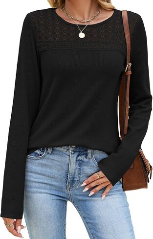 Womens Hollow Out Crochet Lace Crewneck Long Sleeve Waffle Knit Top | Soft Lightweight Waffle Thermal Knit Fabric, Slim Fit, Versatile Daily Casual Layering Tee in Kuwait