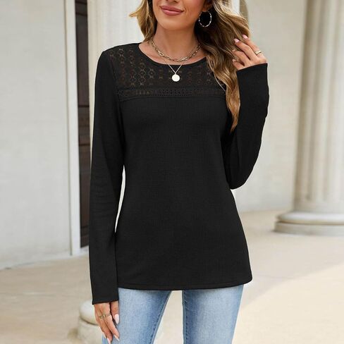 Womens Hollow Out Crochet Lace Crewneck Long Sleeve Waffle Knit Top | Soft Lightweight Waffle Thermal Knit Fabric, Slim Fit, Versatile Daily Casual Layering Tee in Kuwait
