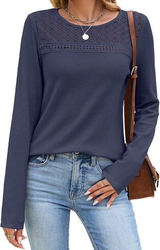 Womens Hollow Out Crochet Lace Crewneck Long Sleeve Waffle Knit Top | Soft Lightweight Waffle Thermal Knit Fabric, Slim Fit, Versatile Daily Casual Layering Tee in Kuwait