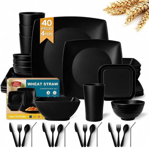 Teivio 16-piece Plastic Wheat Straw Square Dinnerware Set for 4, Unbreakable Dinner Plates, Salad Plates, Snack Bowls, Mugs, Dishwasher Safe, Black in Saudi Arabia