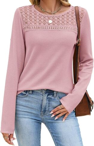 Womens Hollow Out Crochet Lace Crewneck Long Sleeve Waffle Knit Top | Soft Lightweight Waffle Thermal Knit Fabric, Slim Fit, Versatile Daily Casual Layering Tee in Kuwait