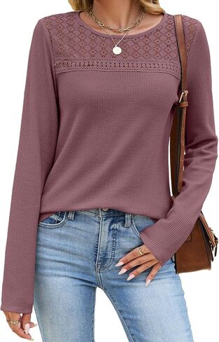 Womens Hollow Out Crochet Lace Crewneck Long Sleeve Waffle Knit Top | Soft Lightweight Waffle Thermal Knit Fabric, Slim Fit, Versatile Daily Casual Layering Tee in Kuwait