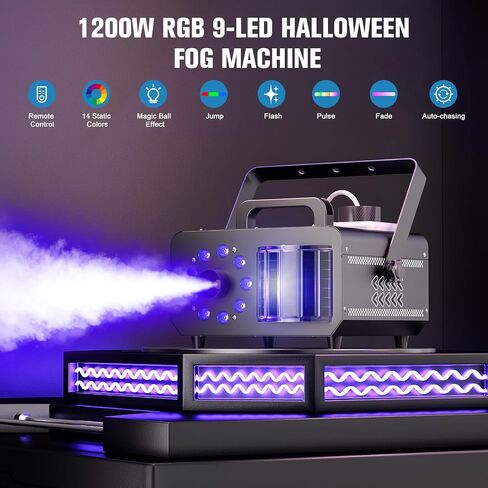 آلة ضباب مع 9 مصابيح LED RGBW، آلة دخان احترافية 1200 وات، خزان سعة 1 لتر، مخرج 3000CFM، 14 لونًا لحفلات DJ وحفلات الزفاف والهالوين in Kuwait