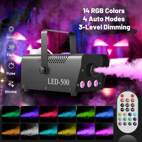 آلة الضباب 500 واط مع 14 لون RGB LED أضواء ووضع تلقائي، 2000CFM آلة دخان الضباب مع جهاز تحكم عن بعد لاسلكي للحفلات الداخلية والخارجية وحفلات الزفاف DJ مرحلة الهالوين، أسود in Kuwait