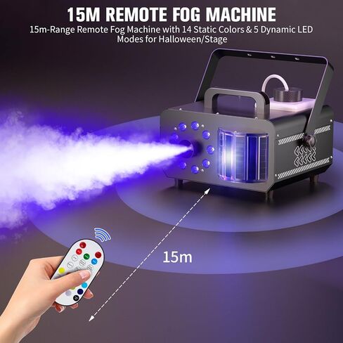 آلة ضباب مع 9 مصابيح LED RGBW، آلة دخان احترافية 1200 وات، خزان سعة 1 لتر، مخرج 3000CFM، 14 لونًا لحفلات DJ وحفلات الزفاف والهالوين in Kuwait