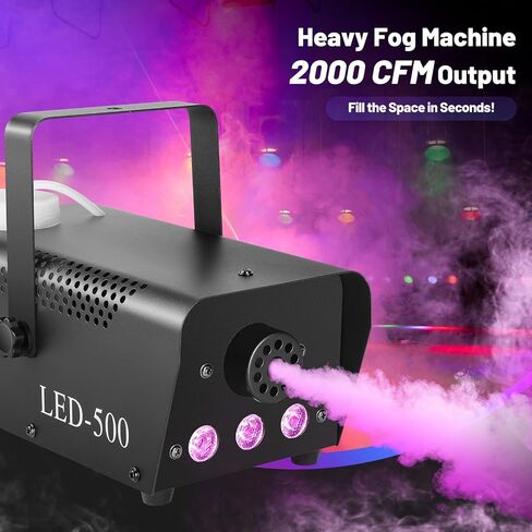 آلة الضباب 500 واط مع 14 لون RGB LED أضواء ووضع تلقائي، 2000CFM آلة دخان الضباب مع جهاز تحكم عن بعد لاسلكي للحفلات الداخلية والخارجية وحفلات الزفاف DJ مرحلة الهالوين، أسود in Kuwait
