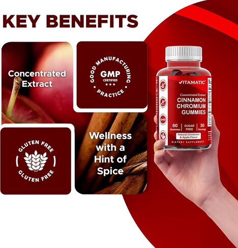 علكات الكروم Vitamatic الخالية من السكر مع قرفة سيلان - 2000 مجم مكافئ لكل حصة (من المستخلص 83 مجم) - غير معدلة وراثيًا، خالية من الغلوتين - 60 علكة نباتية in Kuwait