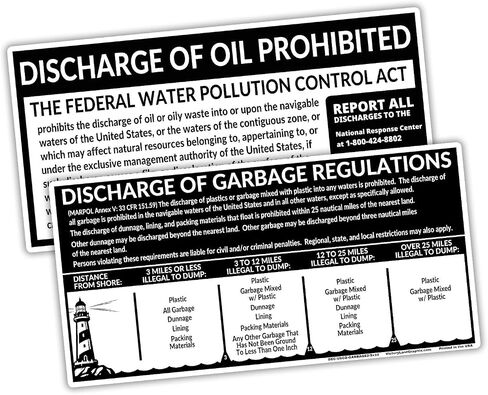 USCG Required Placards 2-Pack (5" x 10") – Garbage Discharge Notice & Oil Discharge Notice – Marine Compliance Labels – Waterproof Decals for Boats & Vessels - Black & White in Kuwait